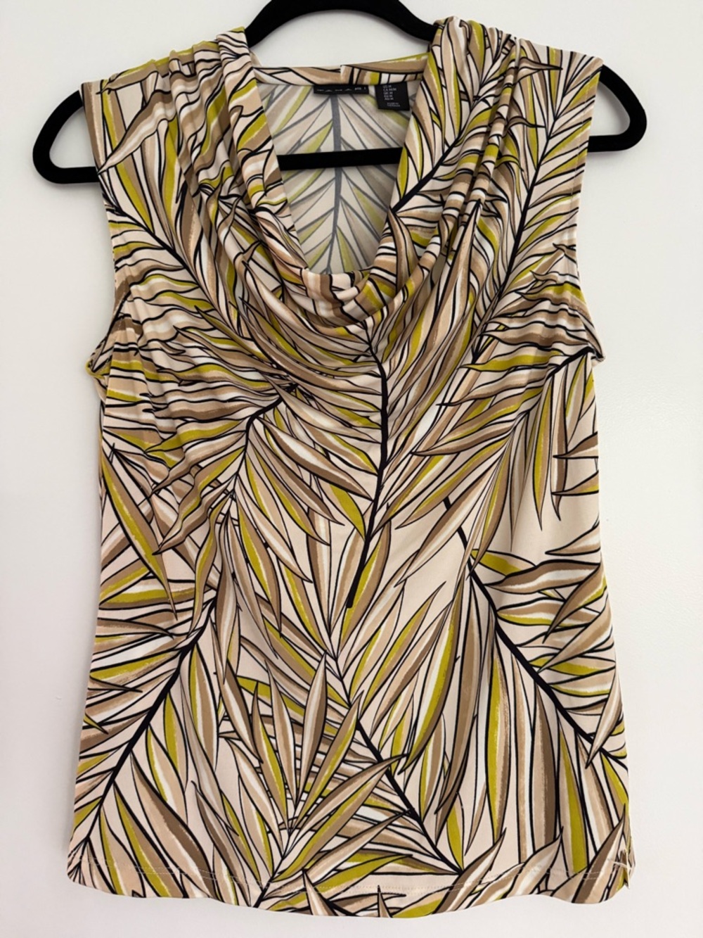 Tahari Beige Cowl-Neck Palm Print Camisole with Olive Accents
